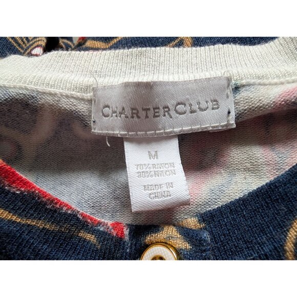 Charter Club Womens Paisley Button Cardigan Sweater M 100% Cotton Navy/Red - Picture 5 of 7